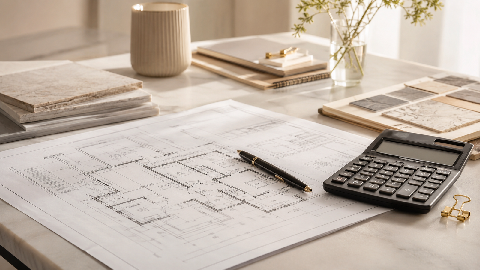 Planta arquitetônica, calculadora e materiais de planejamento